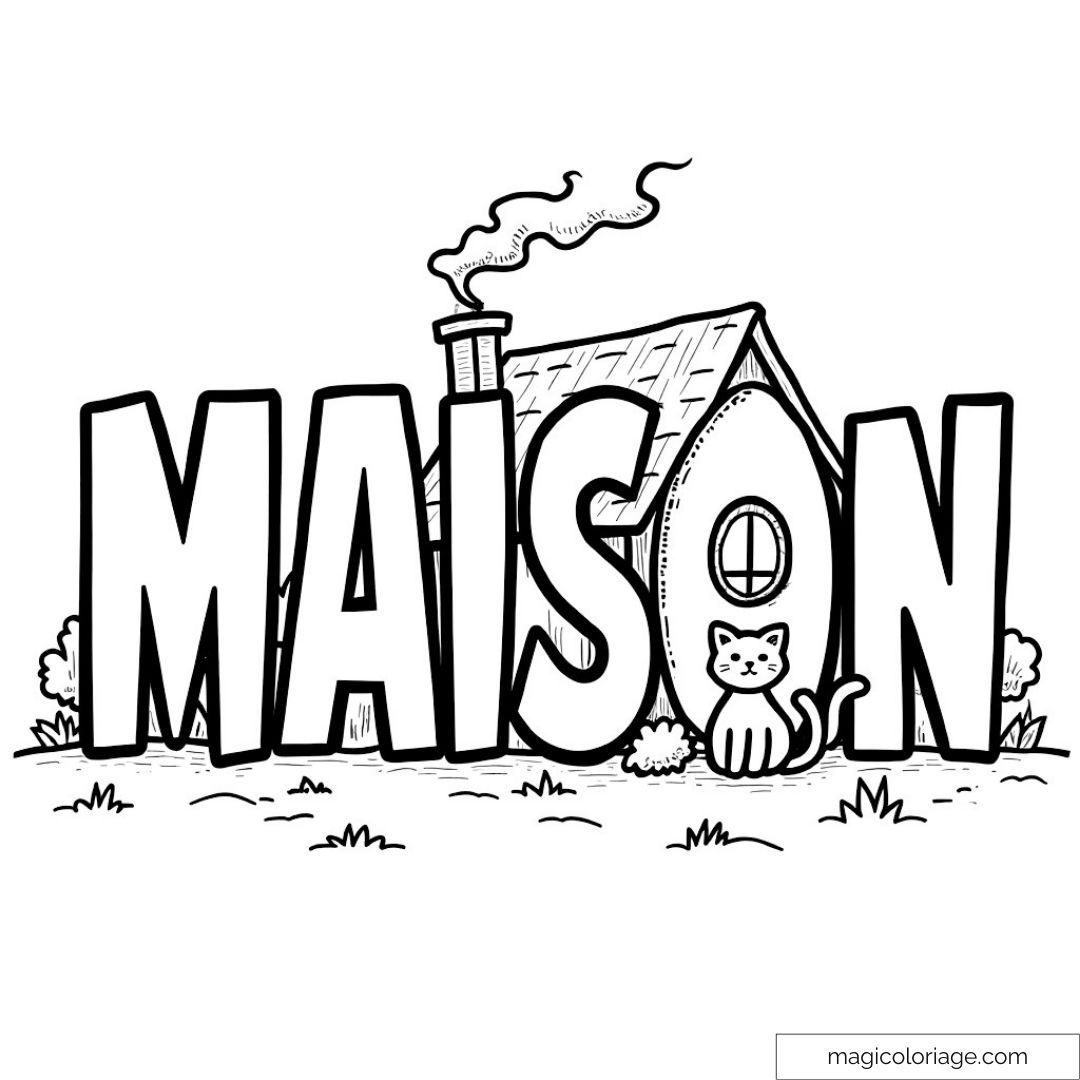 Coloriage maison avec chat et texte "MAISON" en fond