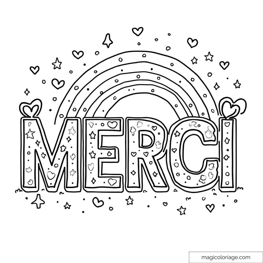 Image du mot "Merci" entouré d'un arc-en-ciel et de cœurs à colorier.
