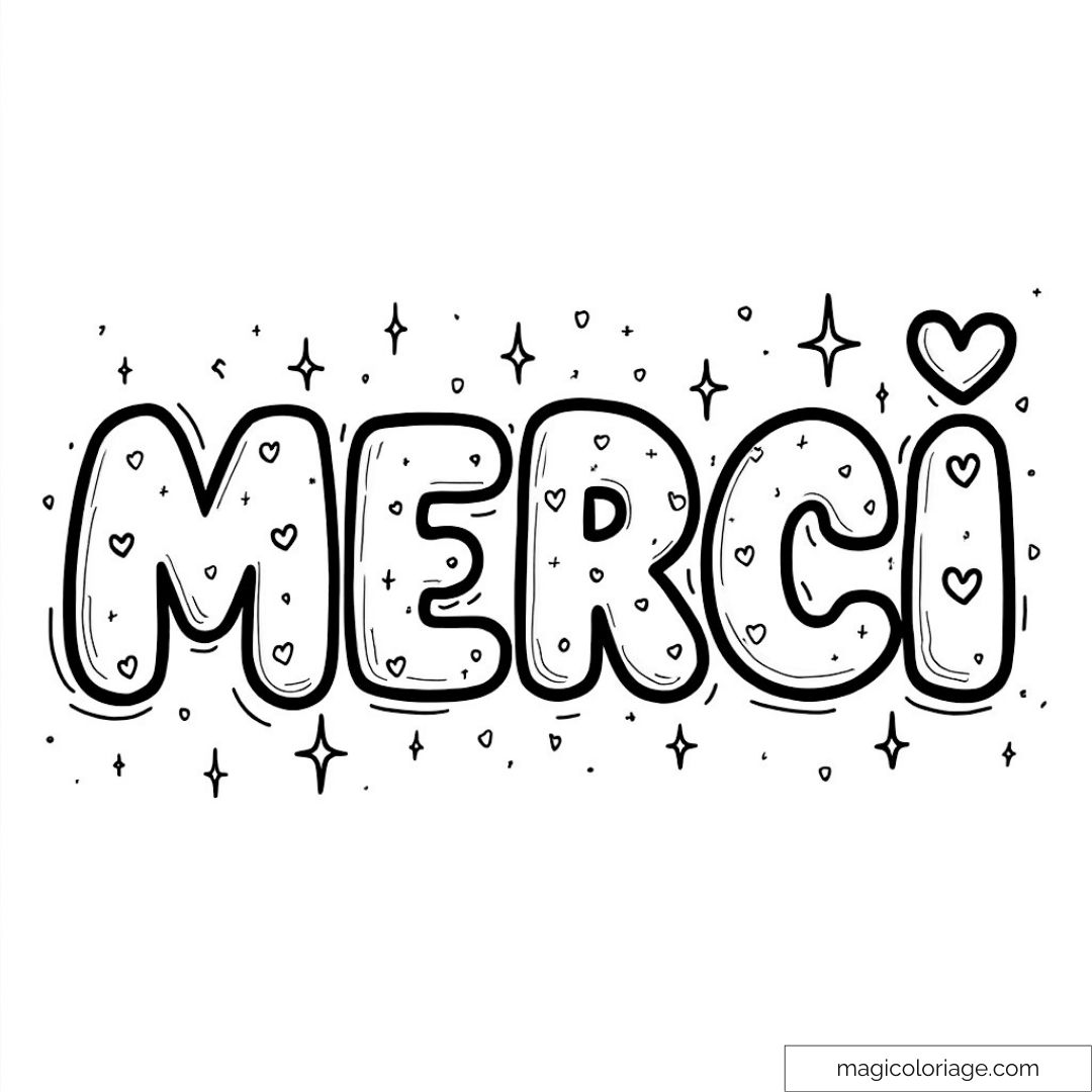 Dessin "Merci" doodle avec cœurs et étoiles à colorier