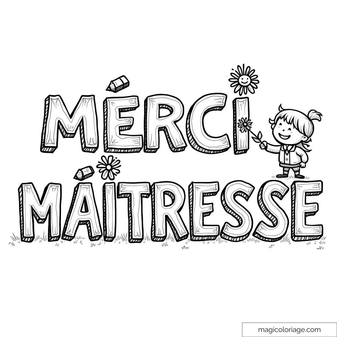 Dessin de "Merci Maîtresse" avec fleur et enfant souriant.