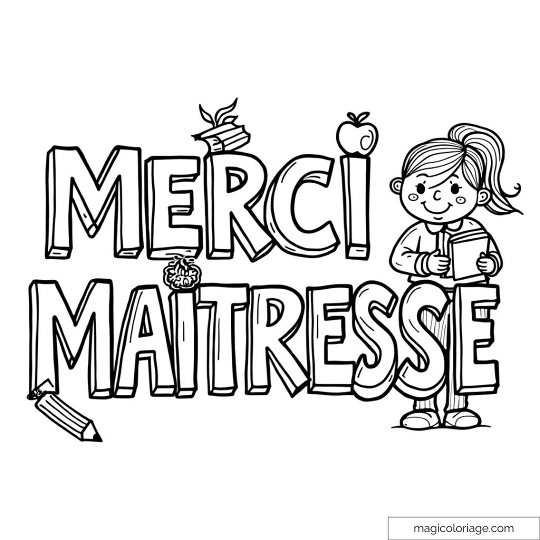 Dessin de Merci Maîtresse avec écolière et fournitures scolaires.