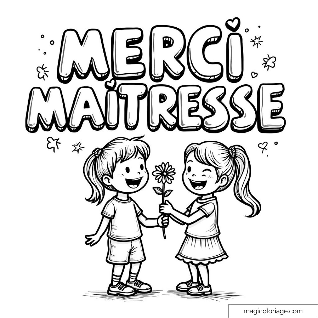 Deux enfants souriants avec "Merci Maîtresse" et une fleur.