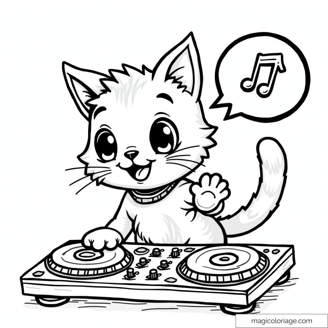 Chat mignon jouant de la musique avec des platines.