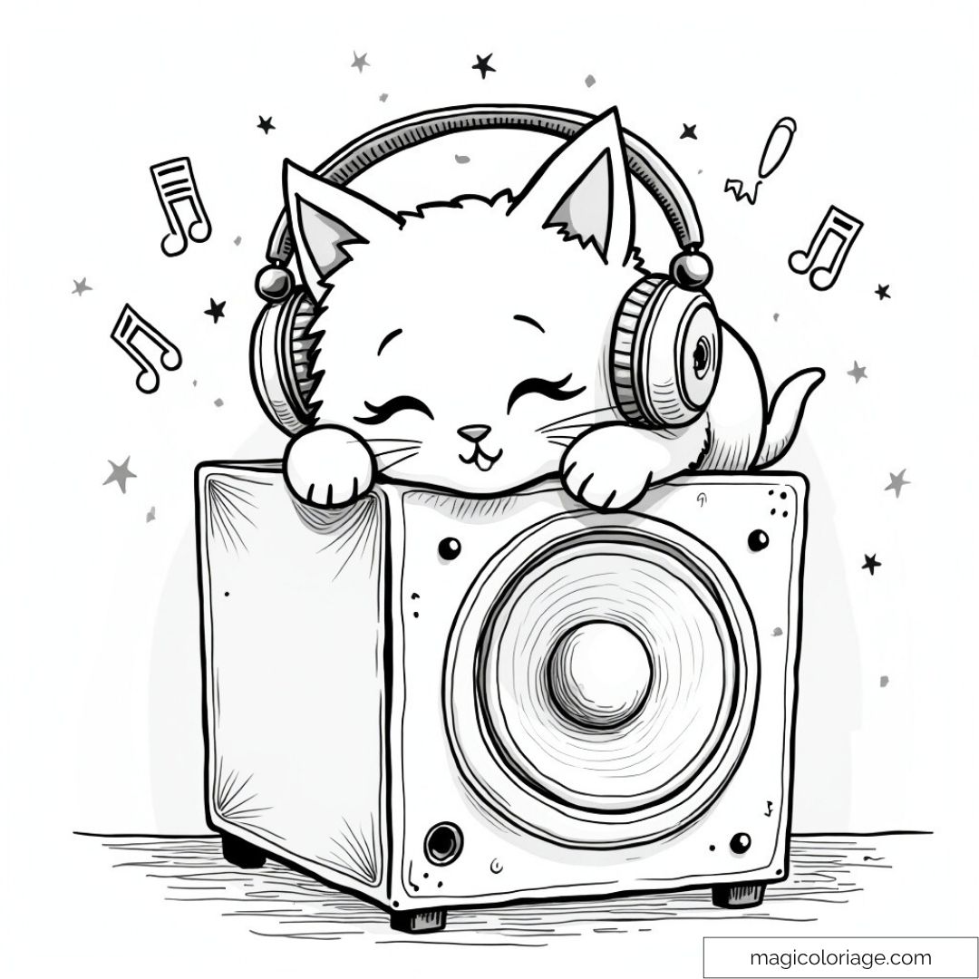 Chat câlinant une enceinte avec casque