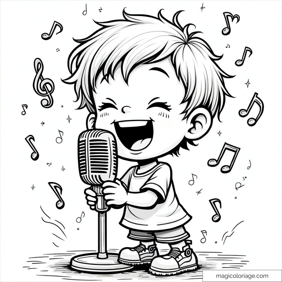 Enfant chantant joyeusement au micro avec des notes musicales autour