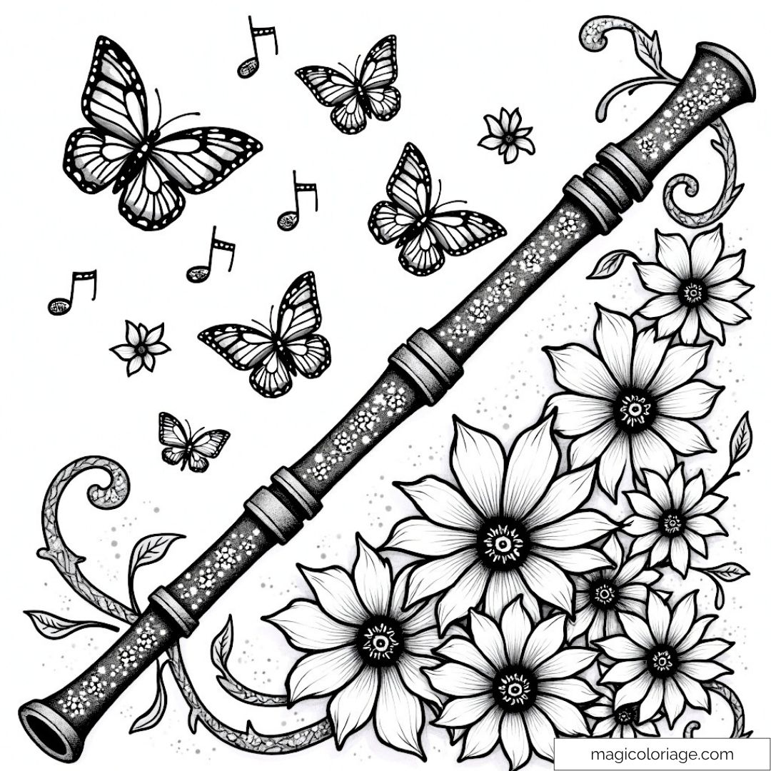 Flûte à bec avec papillons et fleurs à colorier