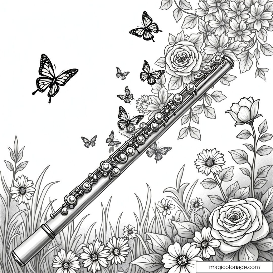 Dessin de flûte entourée de fleurs et papillons. Idéal pour la détente et la créativité.