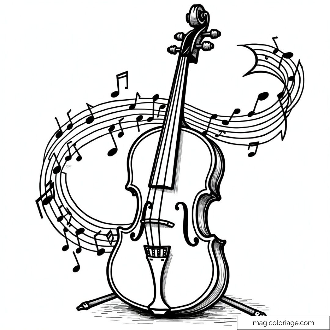 Illustration d'un violon et de notes de musique pour coloriage