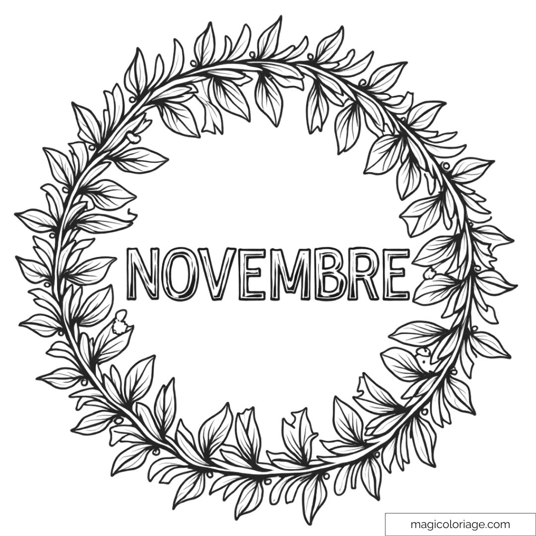 Coloriage du mot "Novembre" entouré d'une couronne de feuilles d’automne, idéal pour un dessin saisonnier à imprimer.