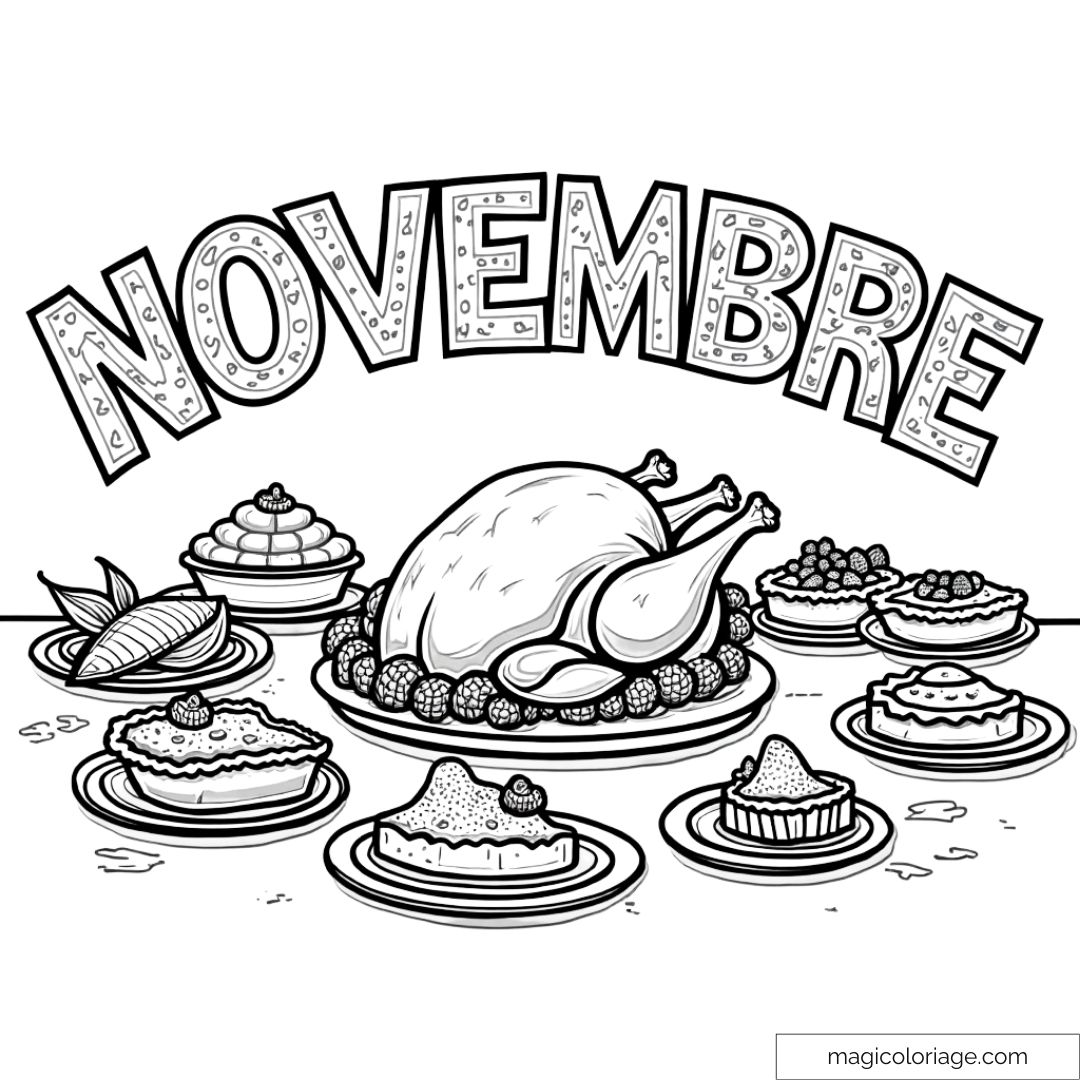 Coloriage du mot "Novembre" avec une dinde et un festin de tartes et de maïs, parfait pour un dessin d'automne à imprimer gratuitement.