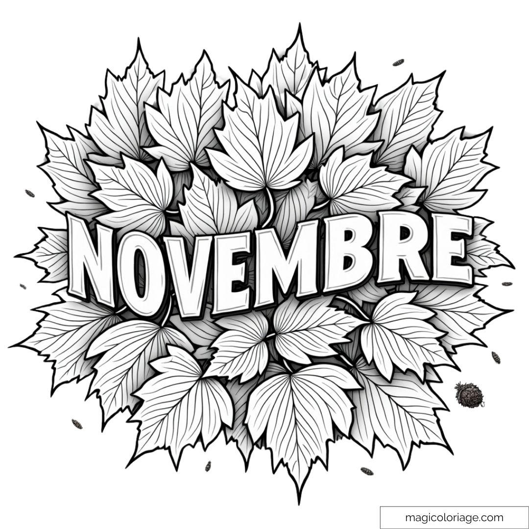 Coloriage du mot "Novembre" entouré de feuilles d'automne, idéal pour un dessin à imprimer en automne.
