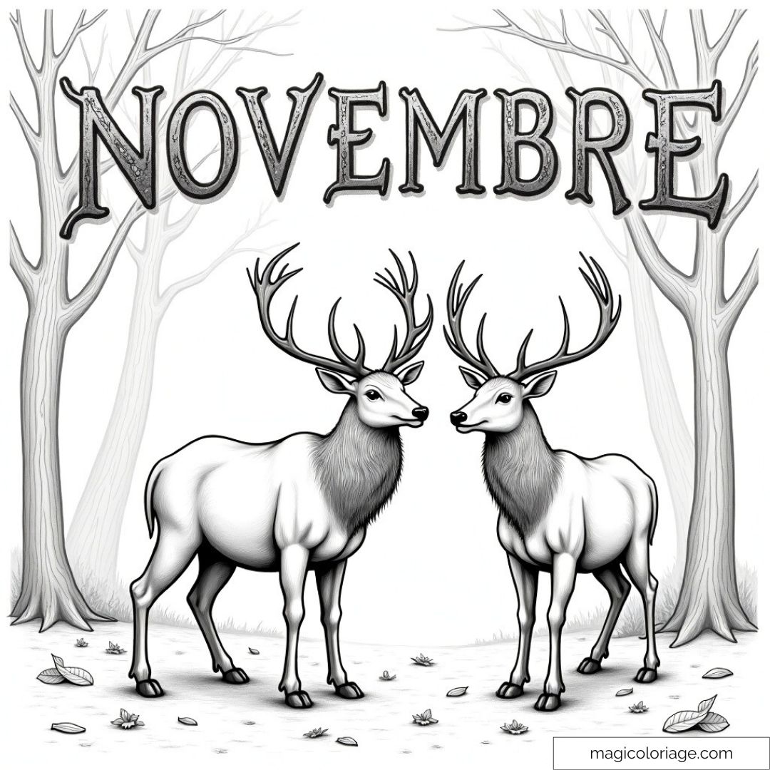 Coloriage du mot "Novembre" avec deux cerfs dans une forêt d’automne, idéal pour un dessin nature à imprimer gratuitement.