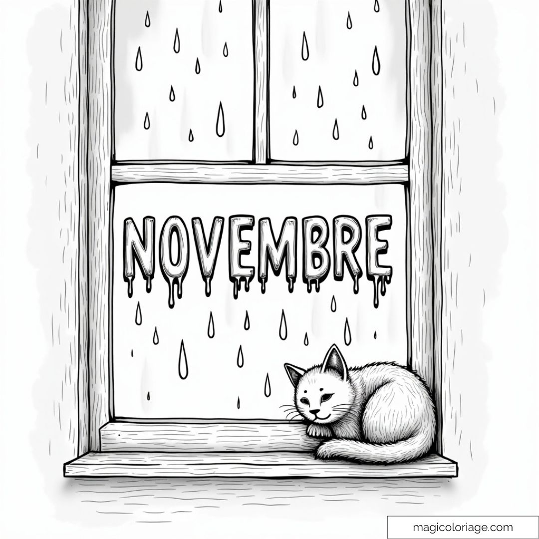 Coloriage du mot "Novembre" avec un chat assis près d'une fenêtre sous la pluie, parfait pour un dessin à imprimer en automne.