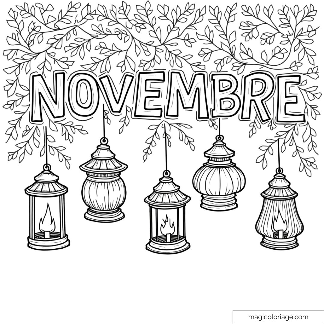 Coloriage du mot "Novembre" avec des lanternes suspendues sous des branches de feuillage, parfait pour un dessin automnal à imprimer.