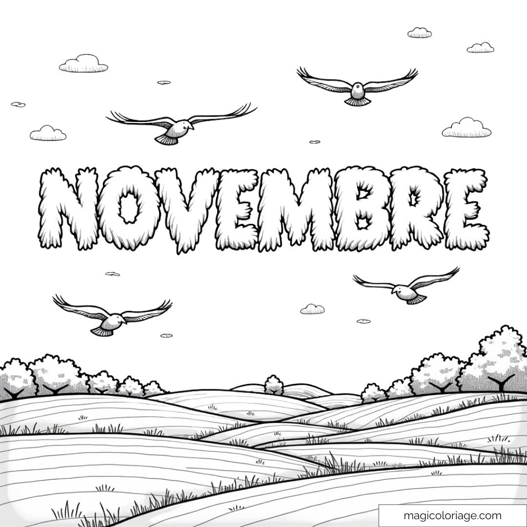 Coloriage du mot "Novembre" avec des oiseaux volant au-dessus d'un paysage, idéal pour un dessin automnal à imprimer.