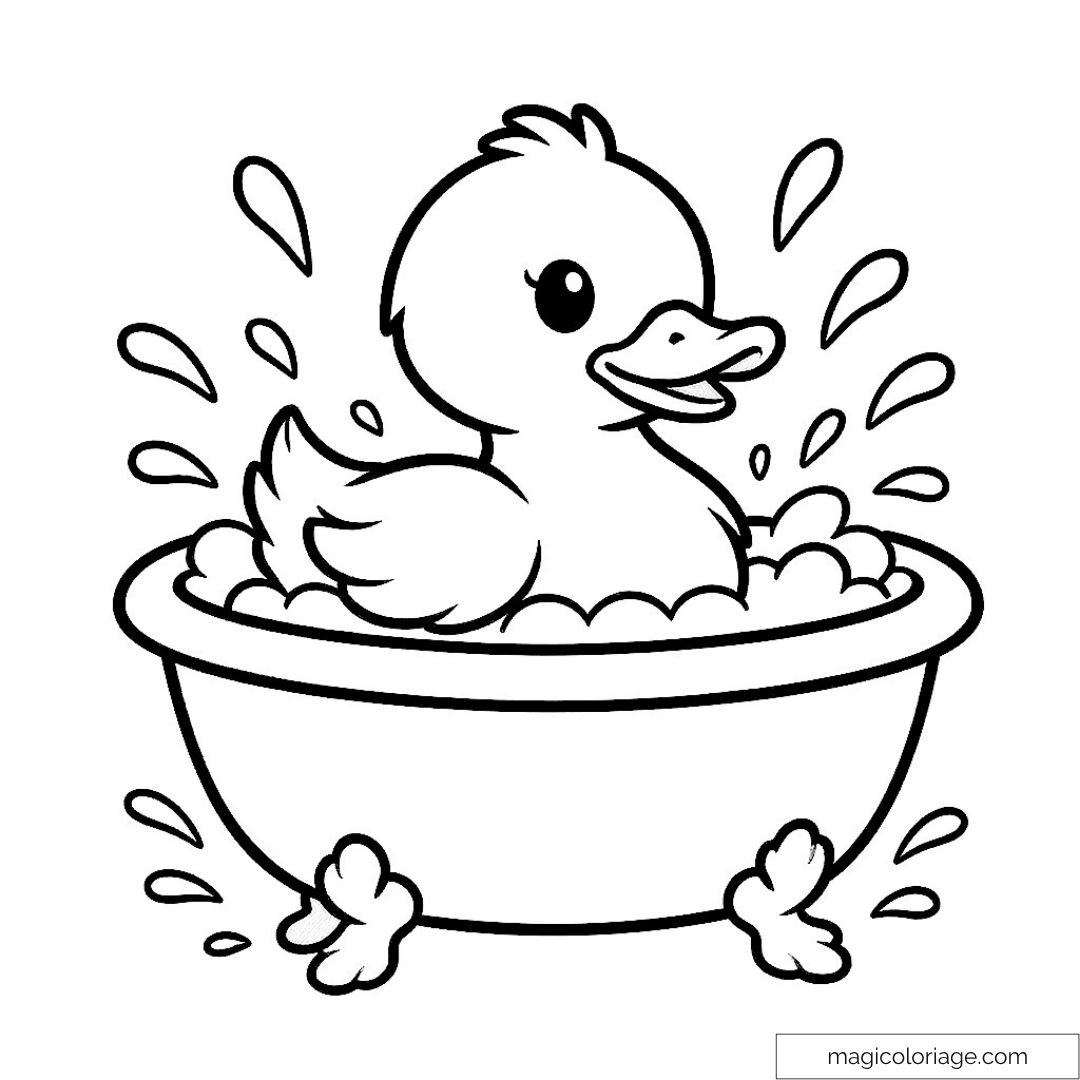 Dessin mignon caneton dans un bain avec éclaboussures d'eau