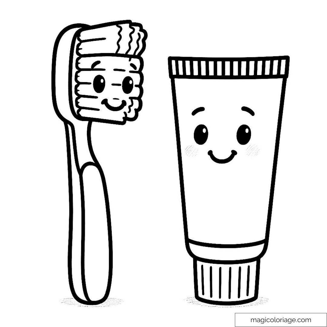 Coloriage brosse à dents et dentifrice souriants à imprimer.