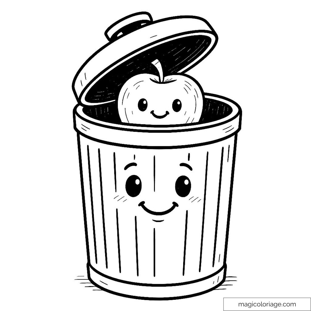 Dessin de poubelle et pomme souriantes à colorier