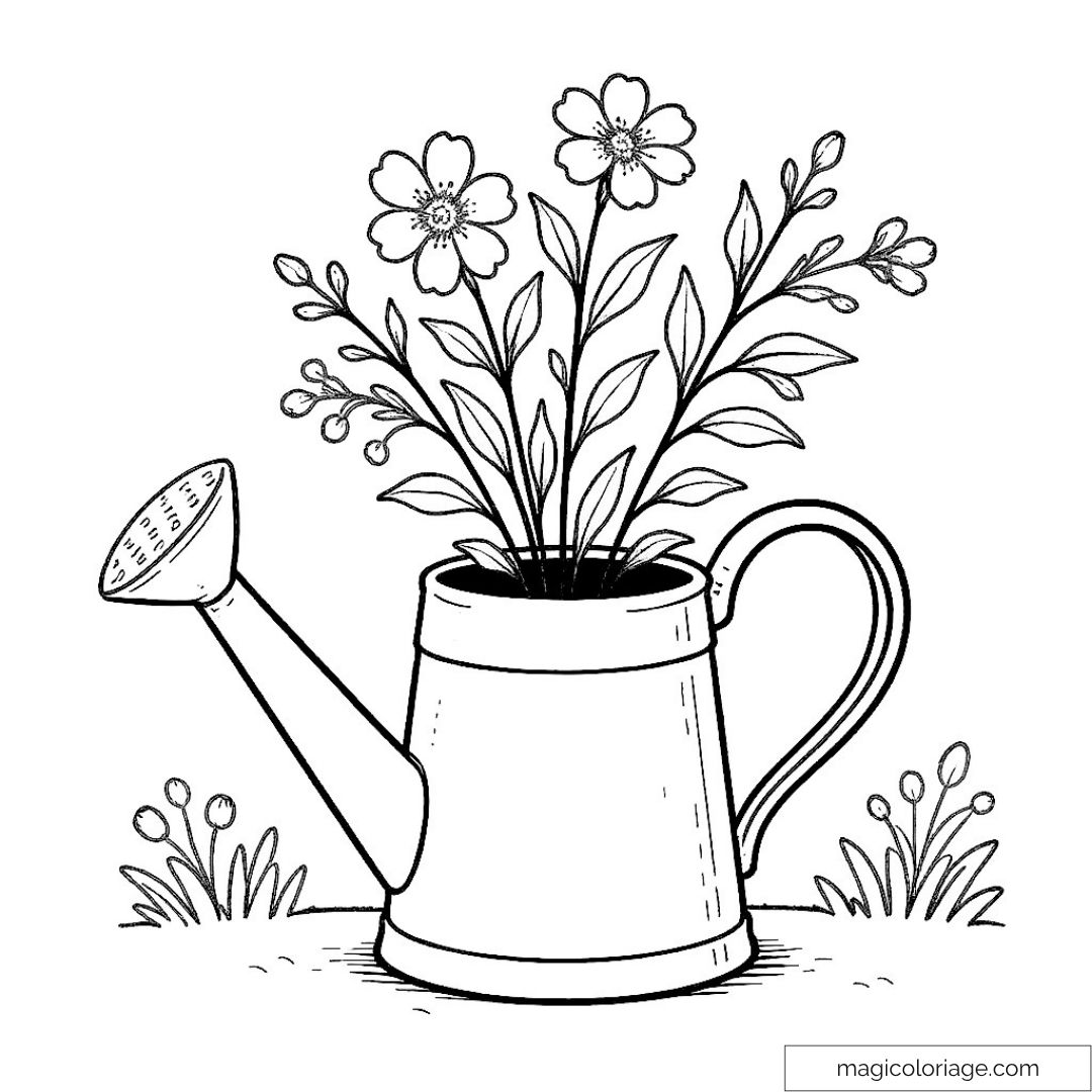 Arrosoir en métal avec fleurs et feuillage prêt à colorier