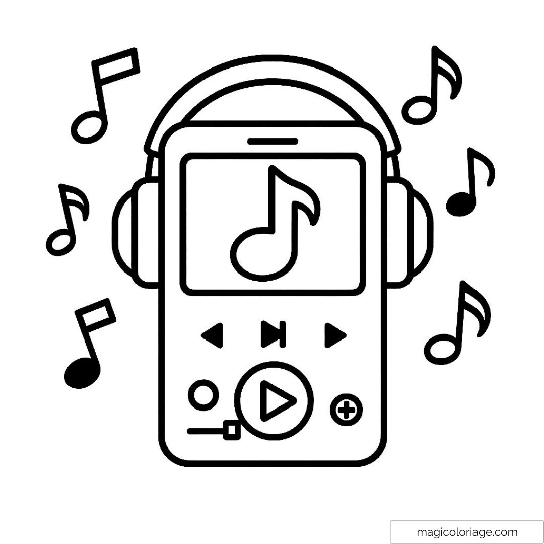 Dessin de lecteur MP3 avec casque et notes musicales