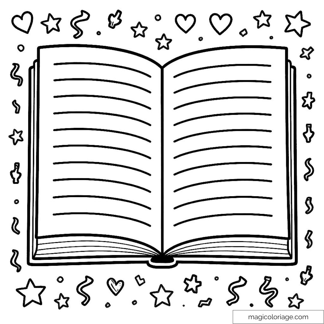 Livre ouvert avec des étoiles et cœurs