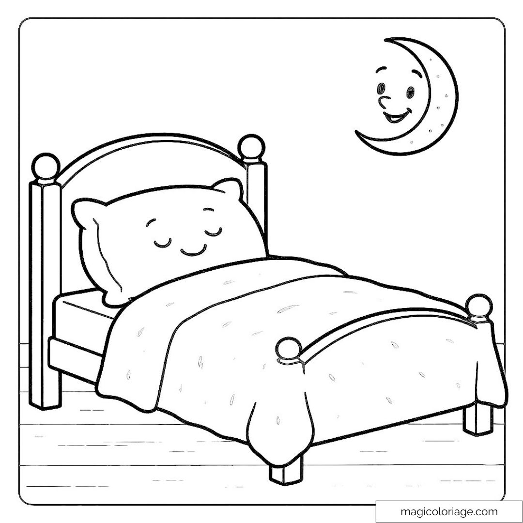 Dessin lit et lune souriante à colorier