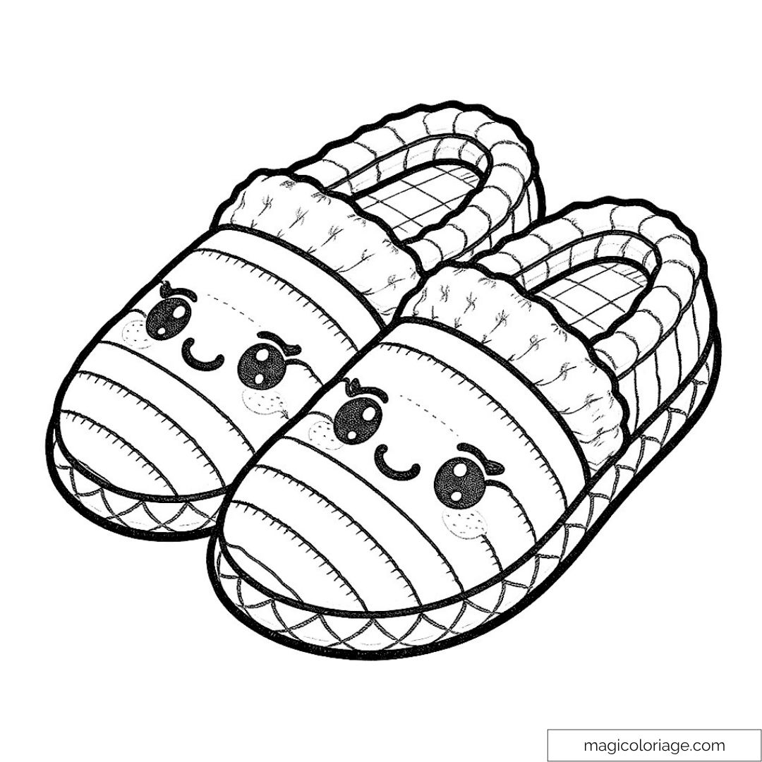 Dessin de pantoufles kawaii avec des visages souriants à colorier.