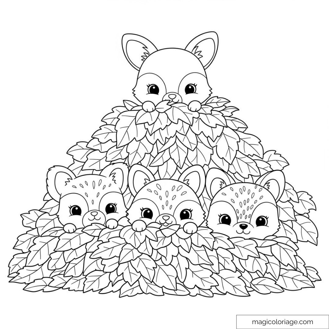 Dessin de renards mignons cachés dans les feuilles à colorier.