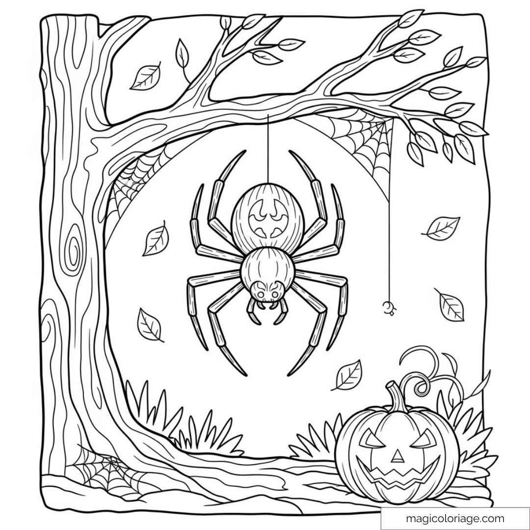 Coloriage araignée suspendue avec citrouille et feuilles d'automne.