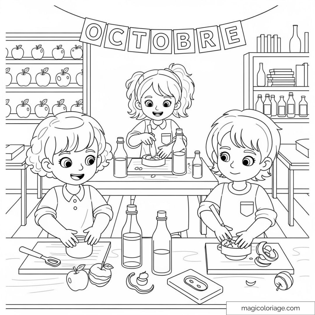 Enfants cuisinant en octobre avec des légumes et des fruits autour.