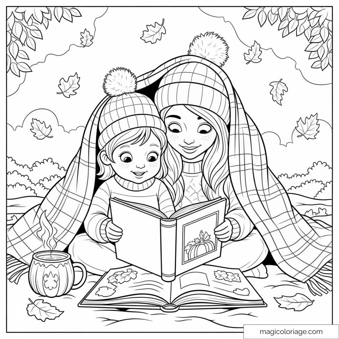 Dessin de deux enfants lisant sous une couverture en automne
