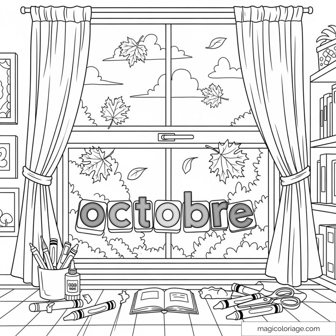 Fenêtre avec feuilles d'octobre à colorier