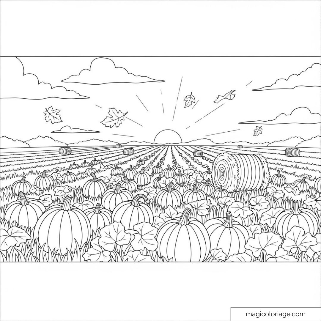 Coloriage paysage automne champ de citrouilles rustique