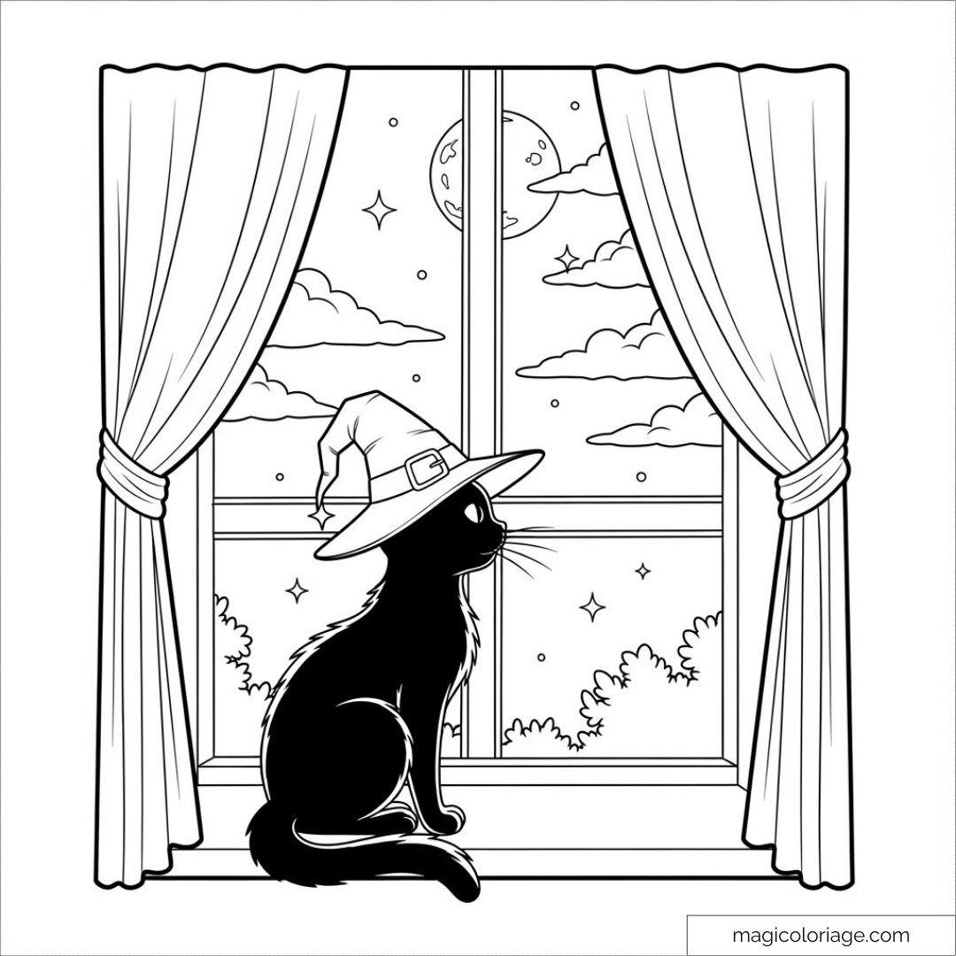 Chat noir avec chapeau de sorcier devant fenêtre étoilée