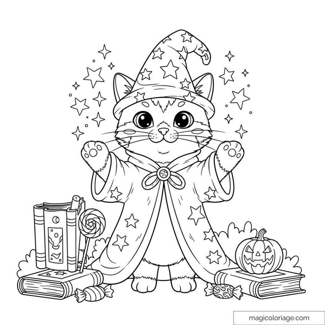 Chat sorcier mignon avec chapeau étoilé