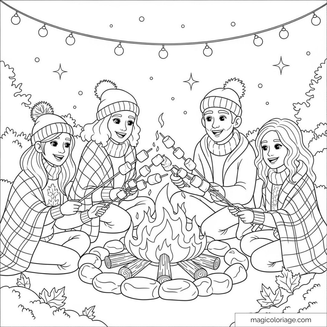 Dessin d'amis en plein air autour d'un feu avec guirlandes et marshmallows
