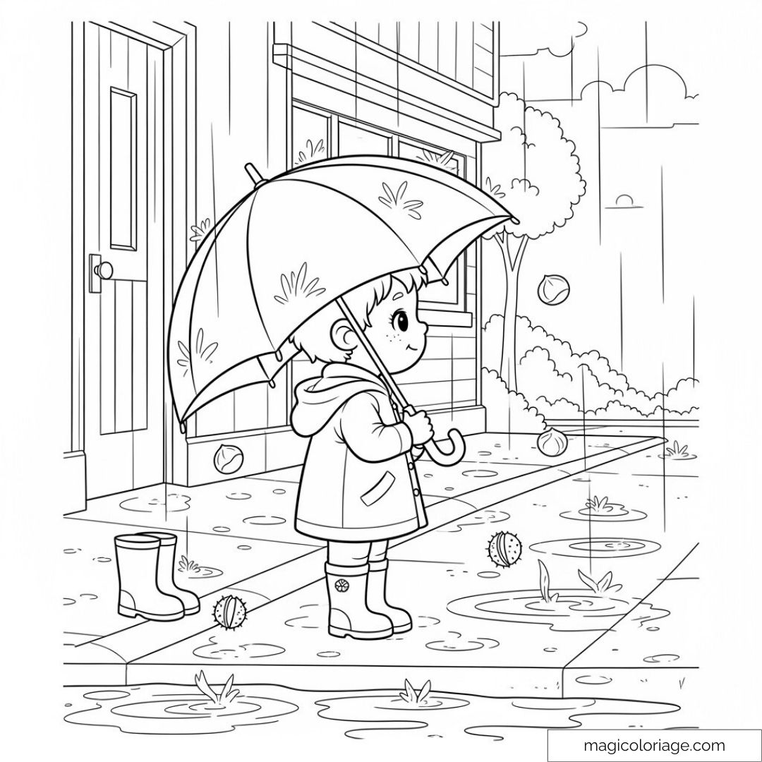 Enfant avec parapluie sous la pluie