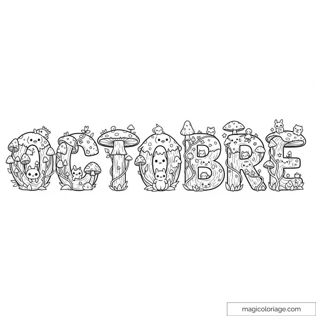 Lettre "OCTOBRE" ornée de champignons et animaux adorables.