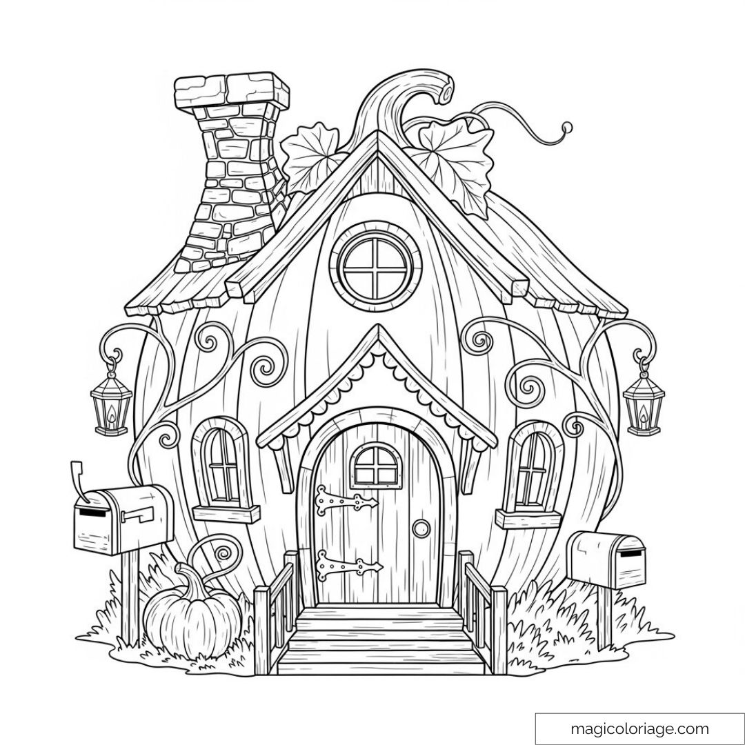 Maison en forme de citrouille avec détails enchanteurs et lanternes.