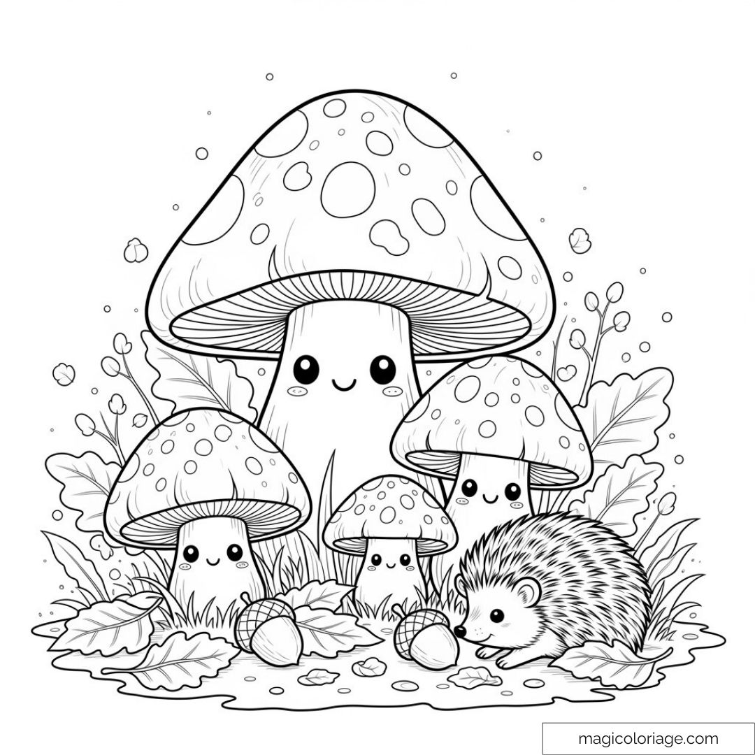 Hérisson mignon avec champignons souriants dans la forêt