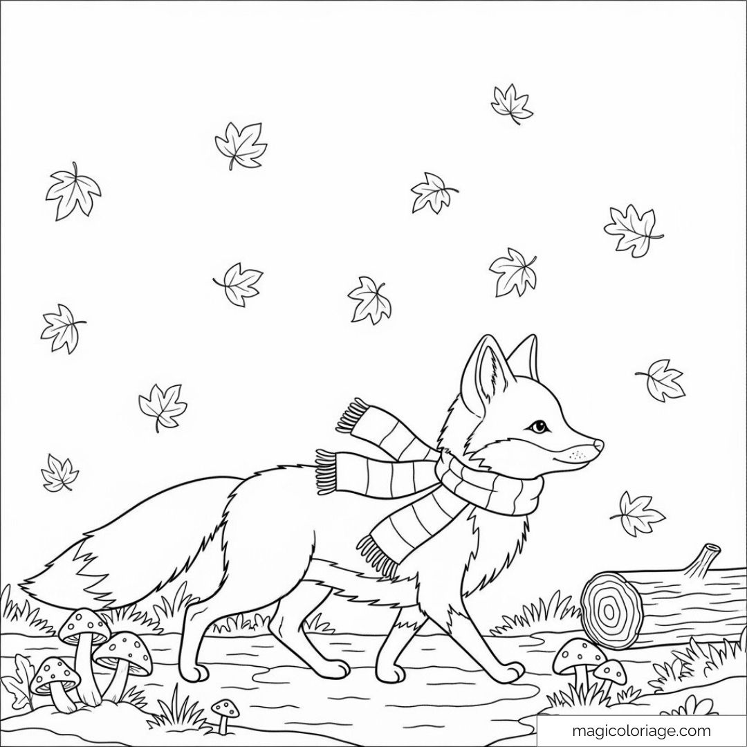 Dessin de renard mignon avec écharpe entouré de feuilles tombantes