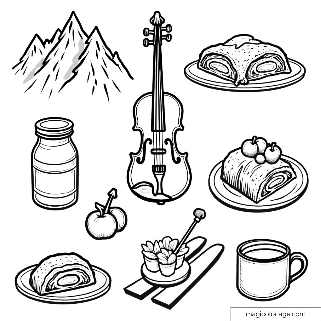 Dessin à colorier et découper sur l'Autriche avec des montagnes, un violon, des strudels, des skis et des cerises, à imprimer pour les enfants.