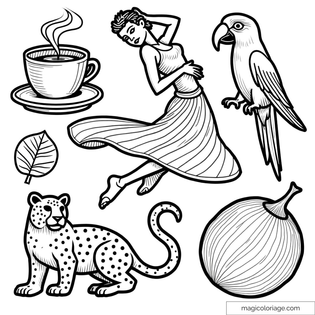 Dessin à colorier et découper sur le Brésil avec une danseuse de samba, un jaguar, un perroquet, une tasse de café et un fruit exotique, à imprimer pour les enfants.