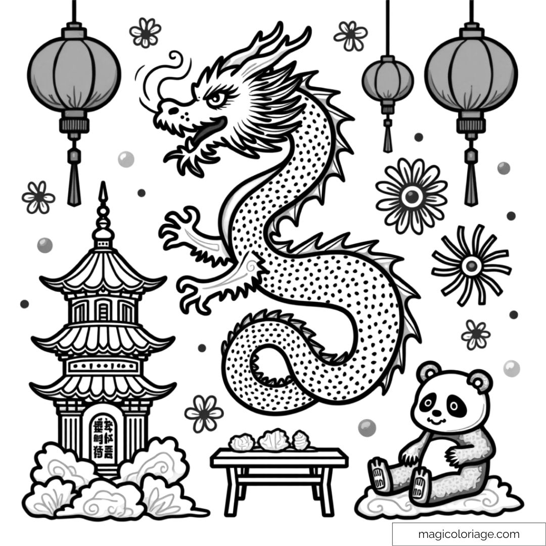 Dessin à colorier et découper sur la Chine avec un dragon, un panda, des lanternes chinoises, une pagode et des fleurs, à imprimer pour les enfants.