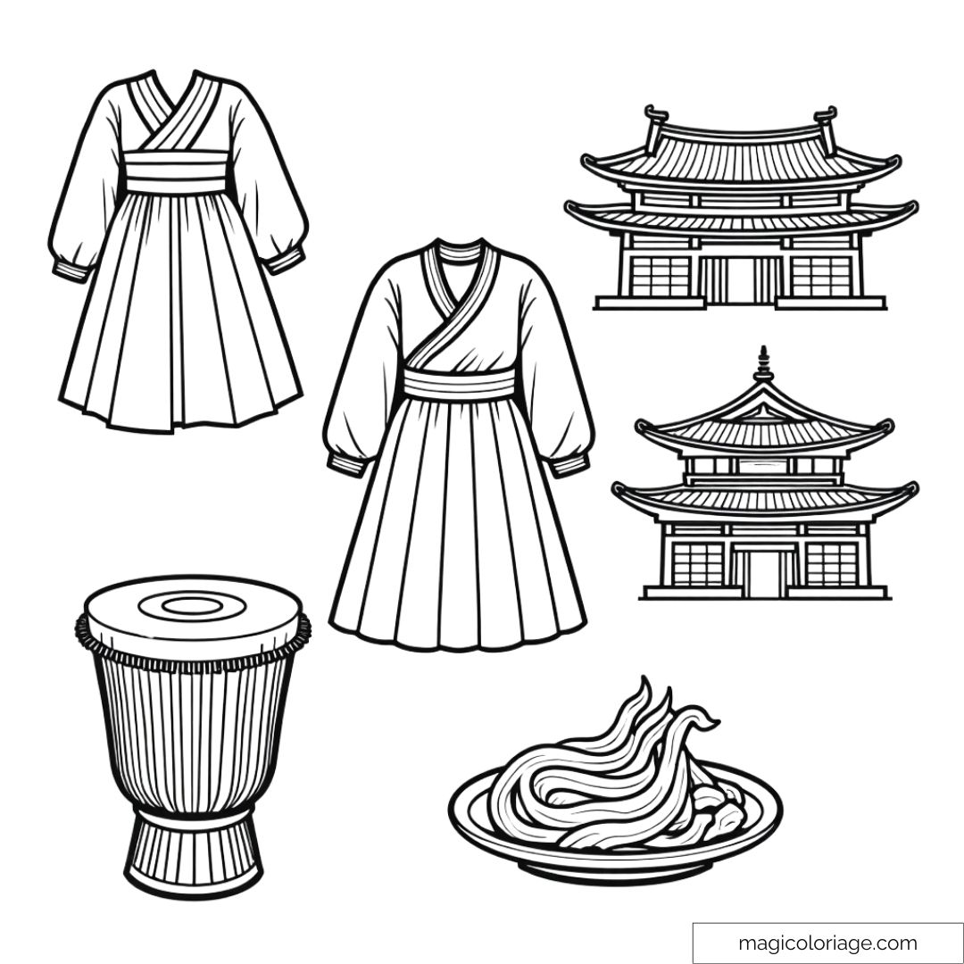 Dessin à colorier et découper sur la Corée avec des hanboks traditionnels, des temples coréens, un tambour et un plat de nouilles, à imprimer pour les enfants.