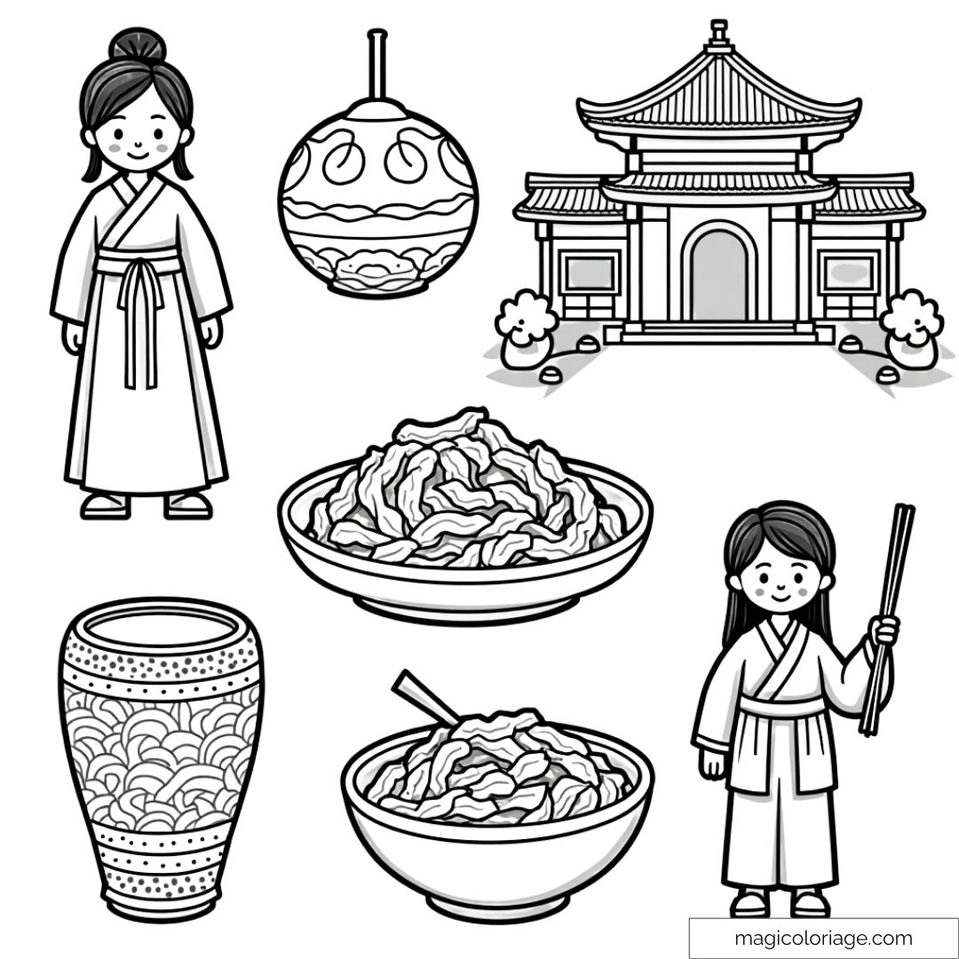 Dessin à colorier et découper sur la Corée avec des personnages en hanbok, un temple, des bols de kimchi et des objets traditionnels, à imprimer pour les enfants.