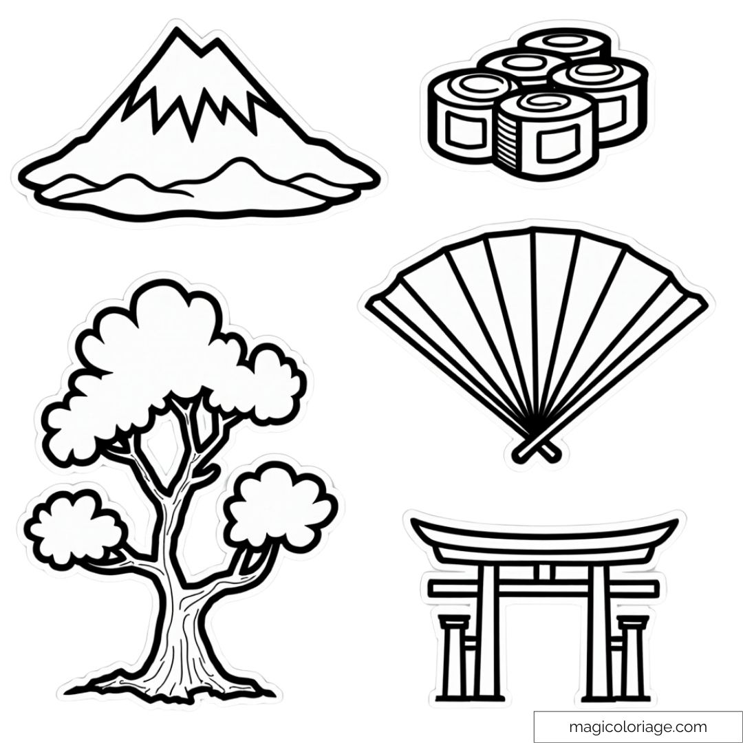 Dessin à colorier du Japon : Mont Fuji, sushis, bonsaï, éventail et torii japonais.