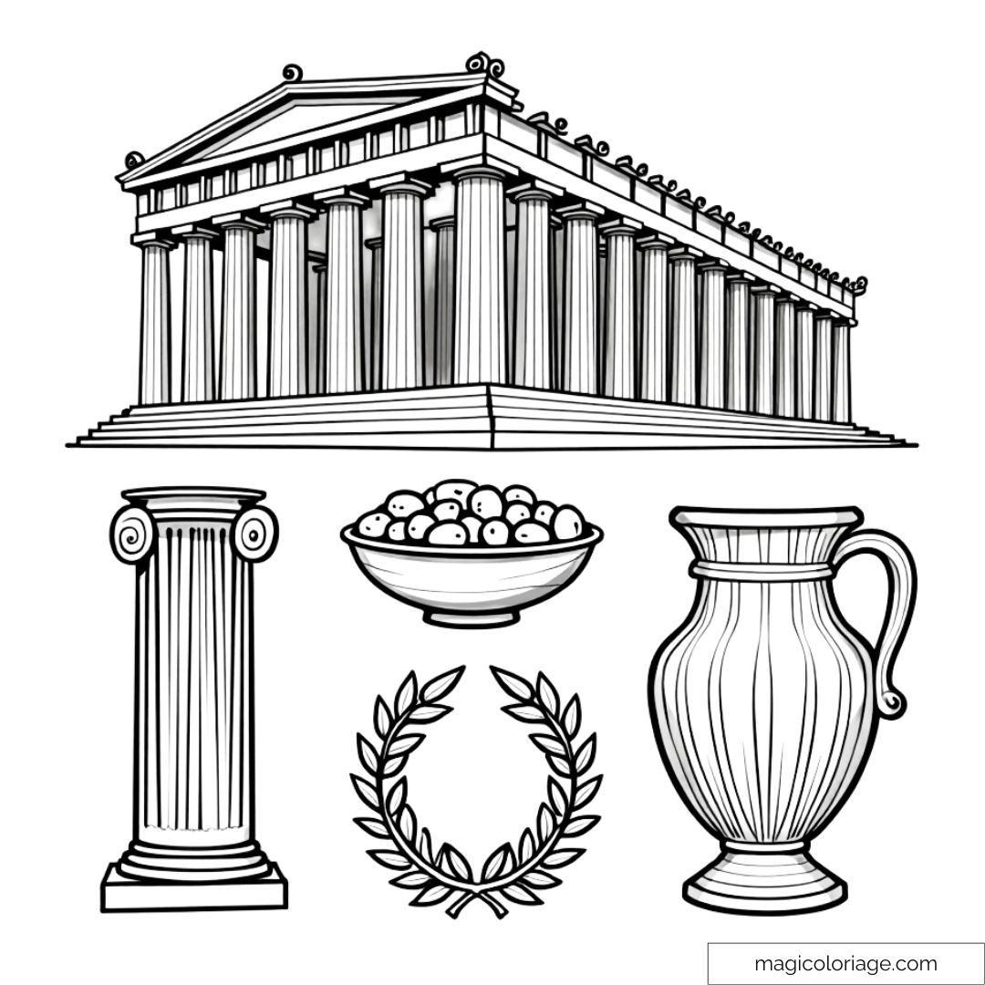Dessin à colorier représentant des symboles de la Grèce antique : le Parthénon, une colonne, une couronne de lauriers, un bol d’olives et une amphore.