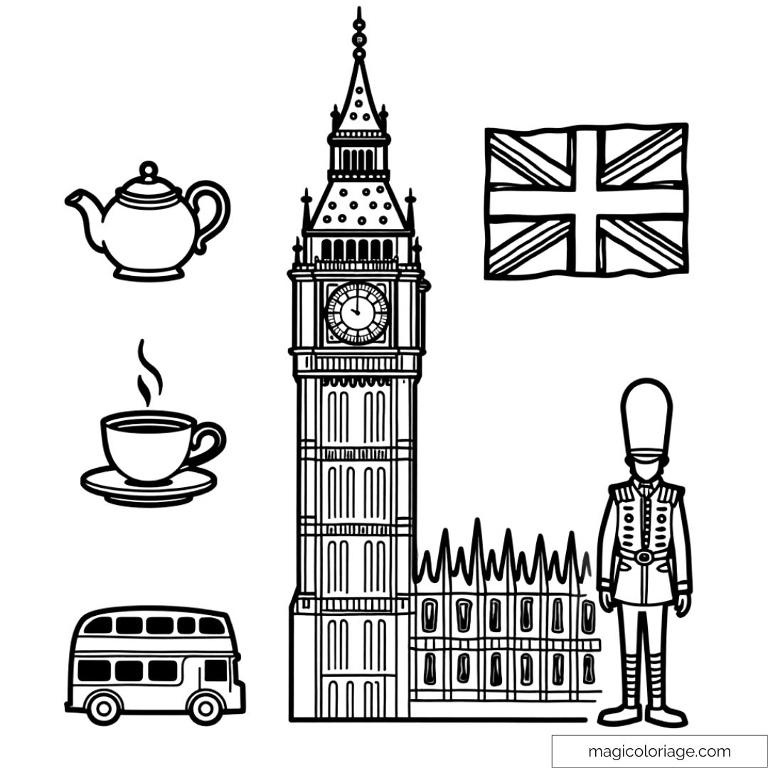 Dessin à colorier des icônes anglaises comme Big Ben, un garde royal, une théière, une tasse de thé, le drapeau britannique et un bus à deux étages.