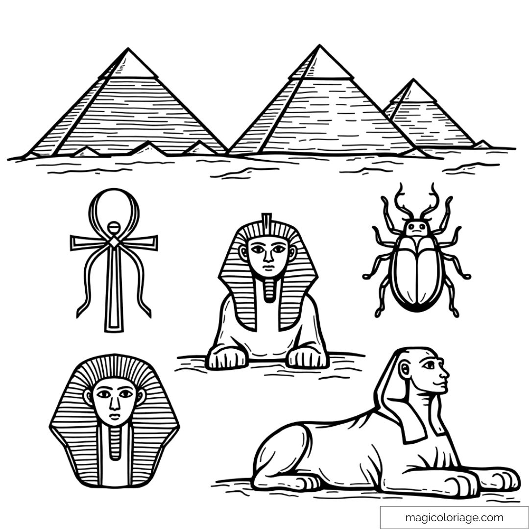 Dessin à colorier représentant des éléments de l'Égypte ancienne : pyramides, sphinx, scarabée et croix de vie.